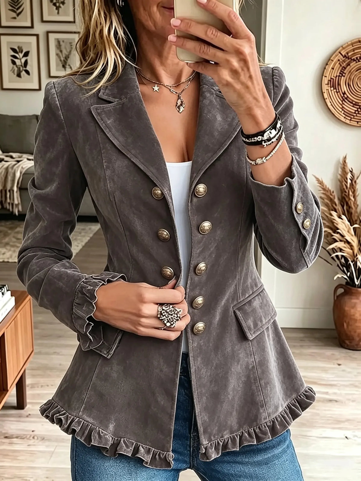 Women's Ruffle Hem Double-Breasted Suede Blazer