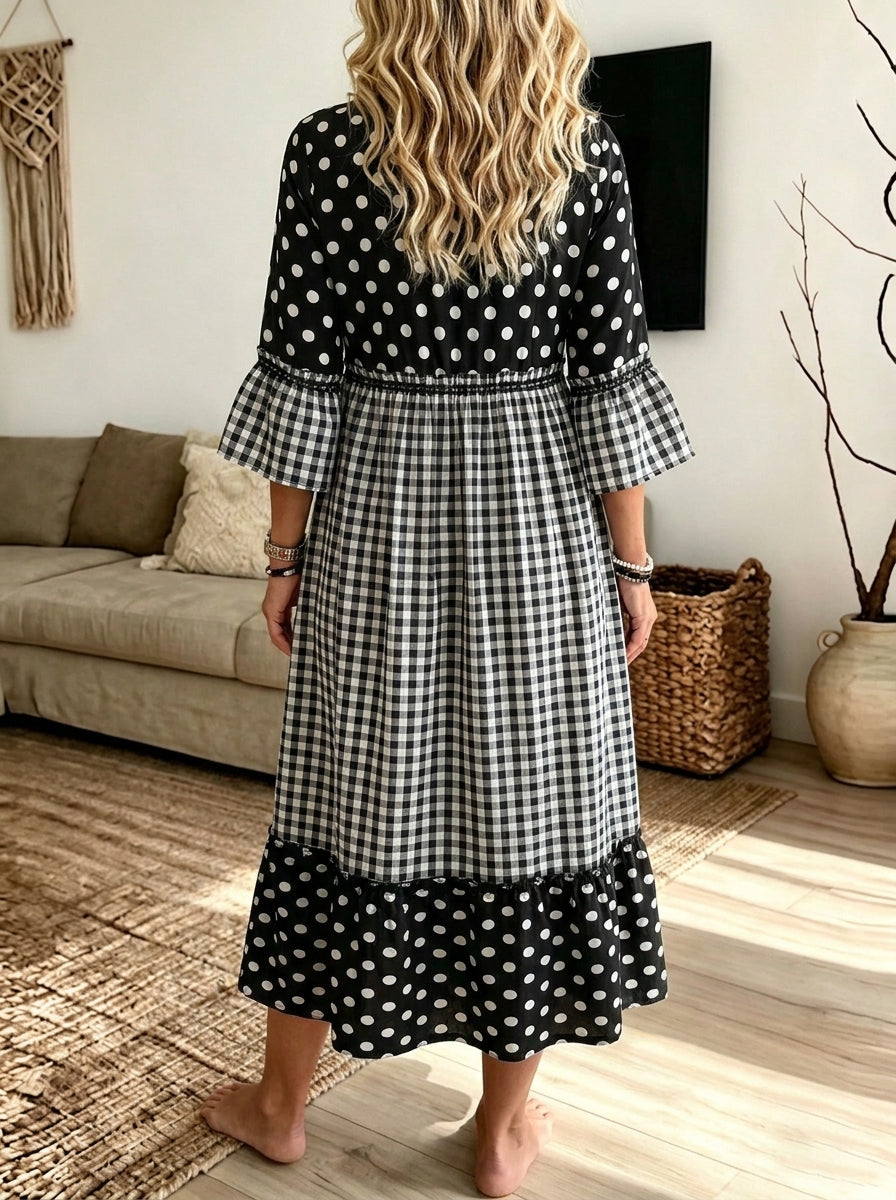 Women Polka Dot Gingham Patchwork Midi Dress Bell Sleeve Round Neck Casual Dress