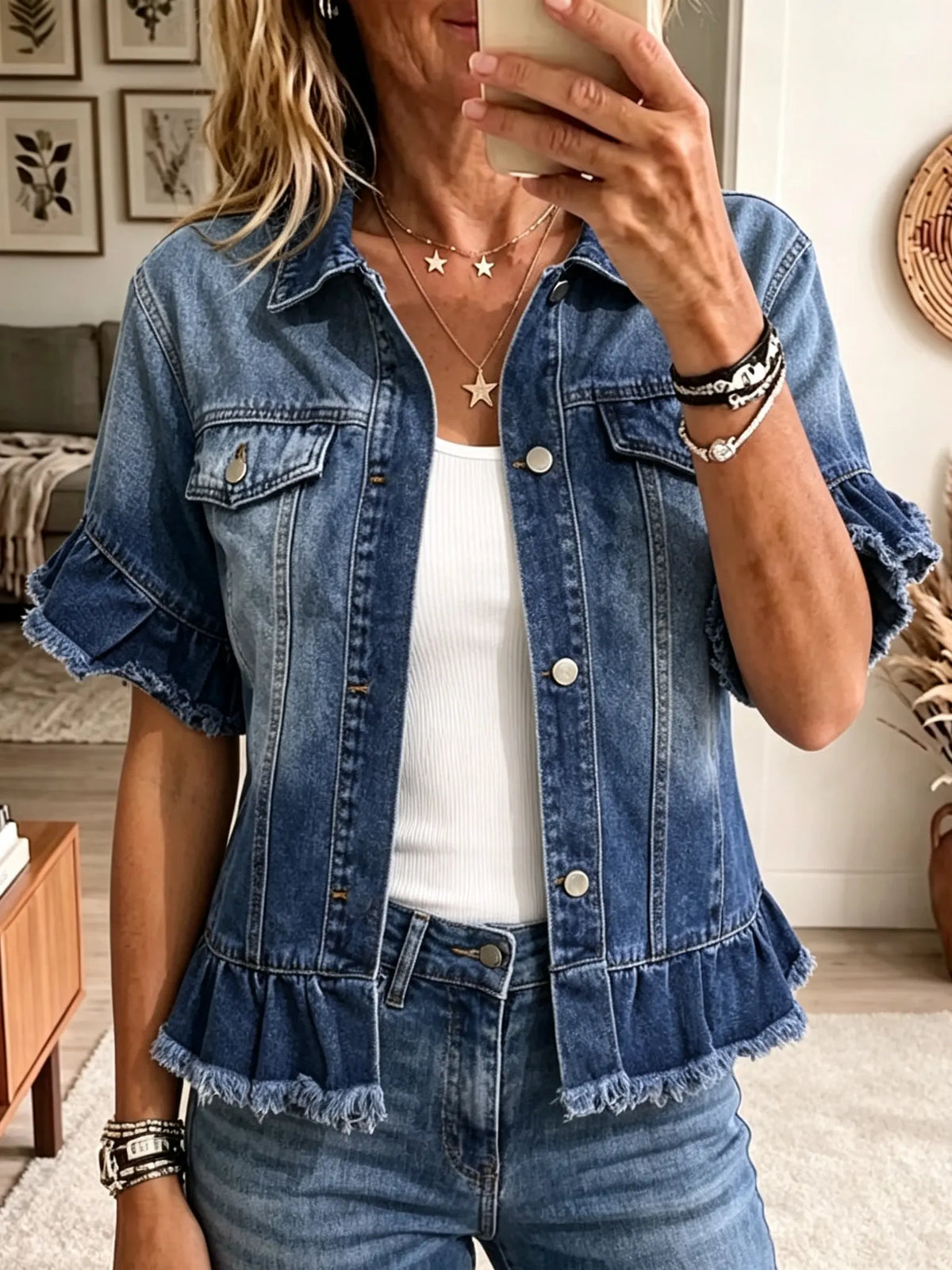 Women's Ruffled Hem Short Sleeve Denim Jacket