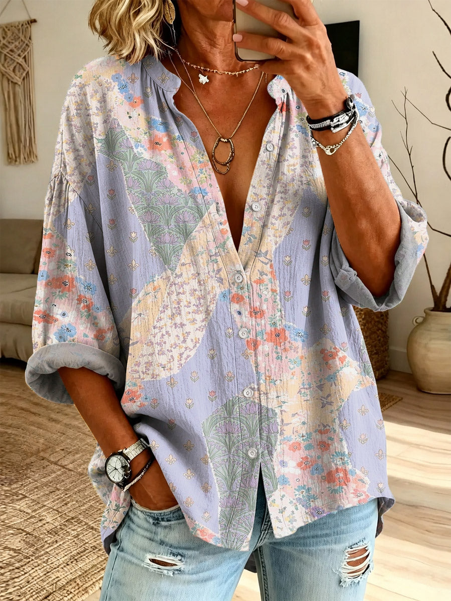 Retro Floral Pattern Art Print Casual Long Sleeve Cotton Linen Shirt