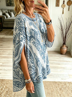 Women Blue White Paisley Round Neck Split Tunic Top