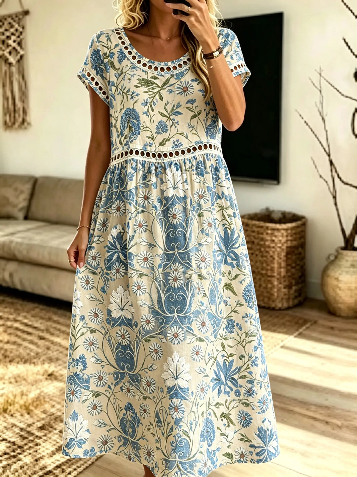 Women's Blue Botanical Floral Print Hollow Short Sleeve Midi Dress