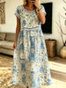 Women's Blue Botanical Floral Print Hollow Short Sleeve Midi Dress