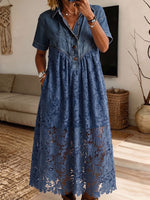 Vintage Elegant Hollowed Out Lace Patchwork Denim Dress