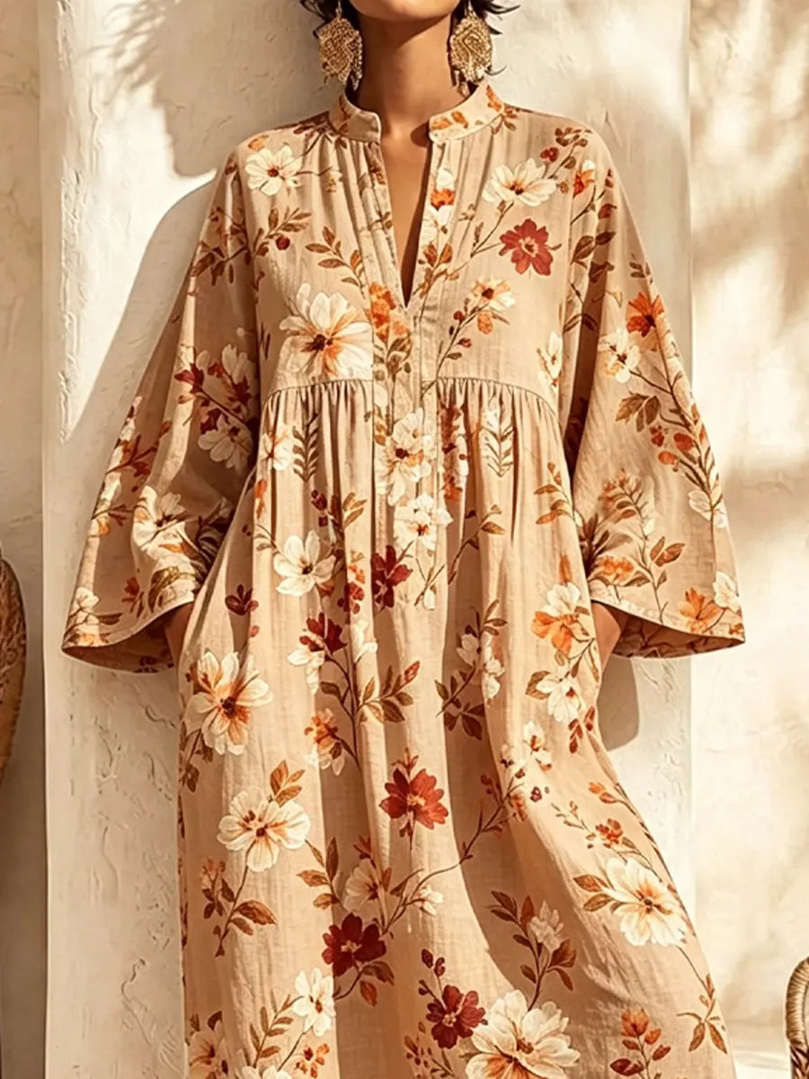 Retro Floral Pattern Art Print Casual V-neck Cotton Linen Maxi Dress