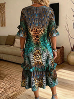 Women Peacock Leopard Mixed Print Ruffle Midi Dress Loose Pocket Casual Summer Dress