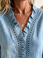 Women's Ruffle Trim Eyelet Denim Shirt