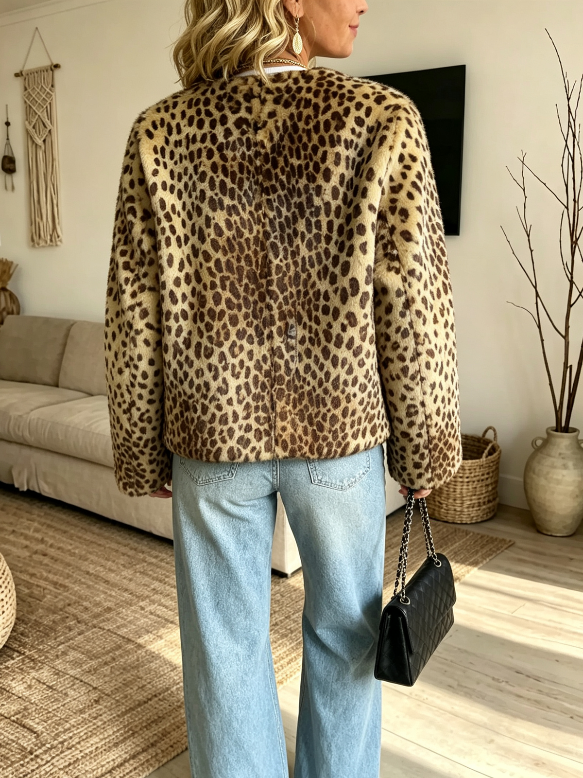 Women's Crop Faux Fur Leopard Print Jacket
