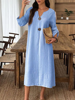 Retro V Collar Solid Color Art Casual Stylish 3/4 Sleeve Cotton Linen Dress
