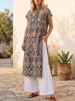 Retro Ethnic Floral Pattern Art Print Casual Side Slits Stylish Cotton Linen Shirt