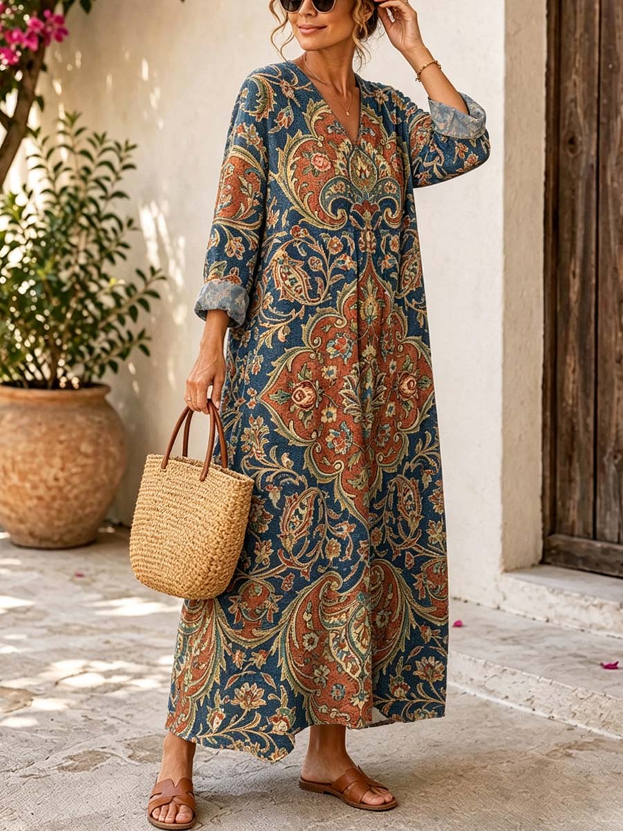 Retro Ethnic Floral Pattern Art Print Casual V-neck Long Sleeve Cotton Linen Maxi Dress