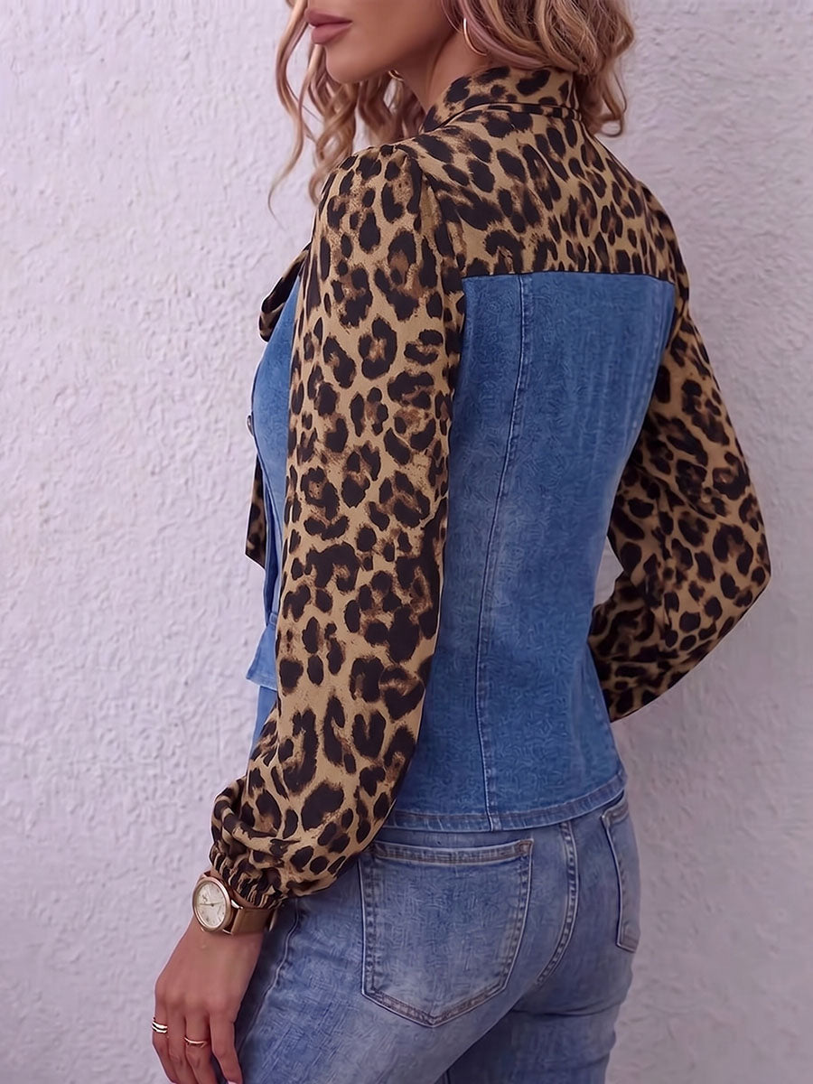 Vintage Elegant Denim Patchwork Leopard Print Lace-up Shirt