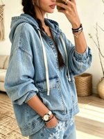 Women's Half-Zip Drawstring Denim Hoodie