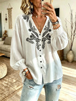 Women's White Botanical Print V-Neck Puff Sleeve Loose Blouse