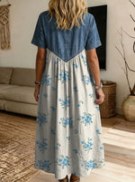 Women’s Denim Spliced Blue Floral Print Shirt Midi Dress With Pockets