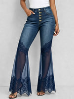 Women High Waist Button Fly Lace Mesh Spliced Flare Jeans