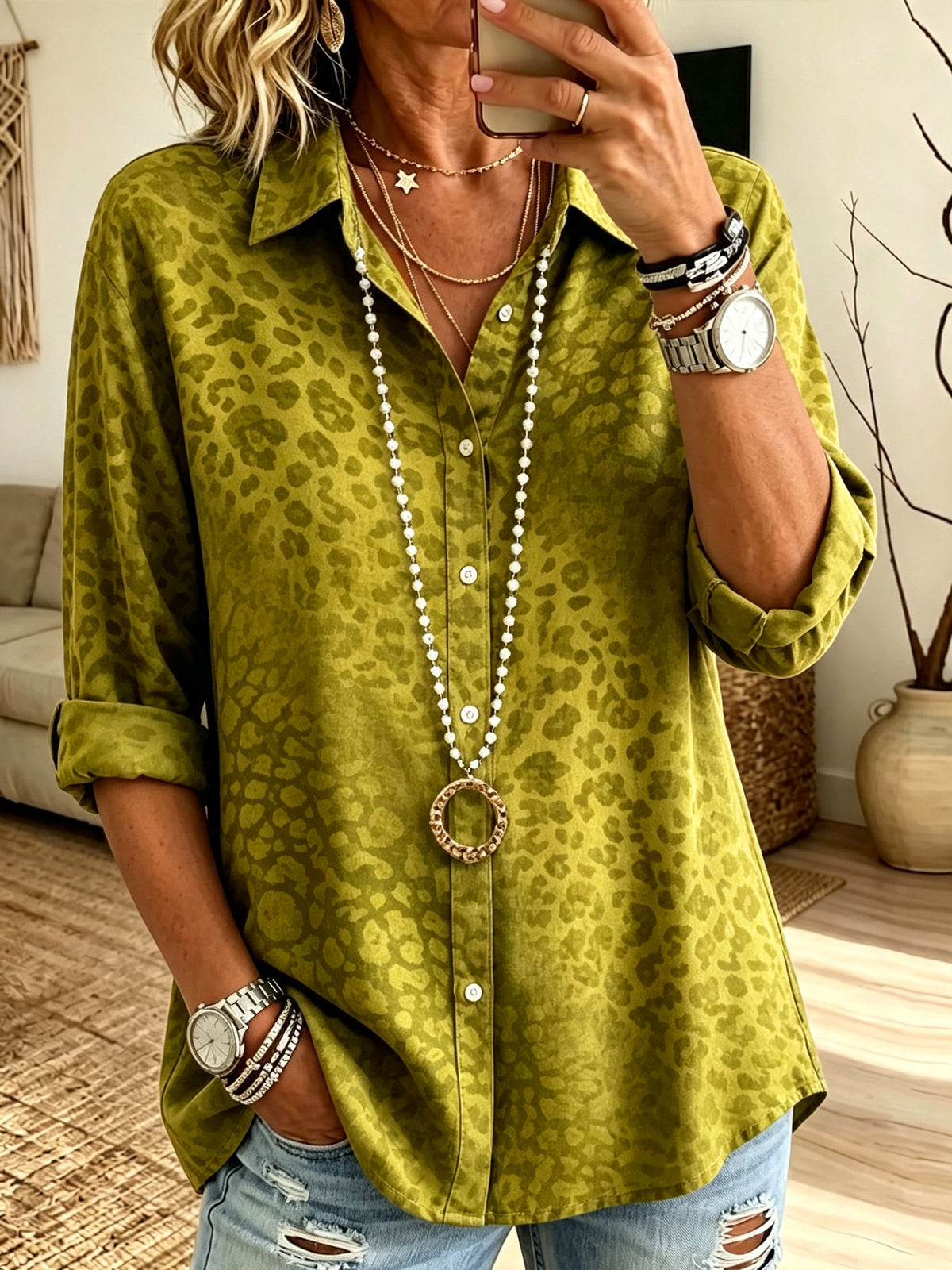 Women Olive Green Leopard Print Button Down Shirt Lapel Long Sleeve Loose Casual Blouse