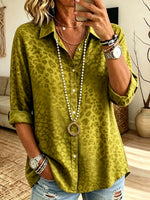 Women Olive Green Leopard Print Button Down Shirt Lapel Long Sleeve Loose Casual Blouse