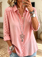 Women Pink White Polka Dot Button Down Shirt Lapel Long Sleeve Loose Casual Blouse