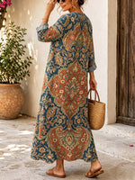 Retro Ethnic Floral Pattern Art Print Casual V-neck Long Sleeve Cotton Linen Maxi Dress