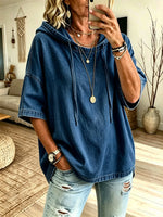 Women's Washed Denim Solid Hooded Short Sleeve Loose Top