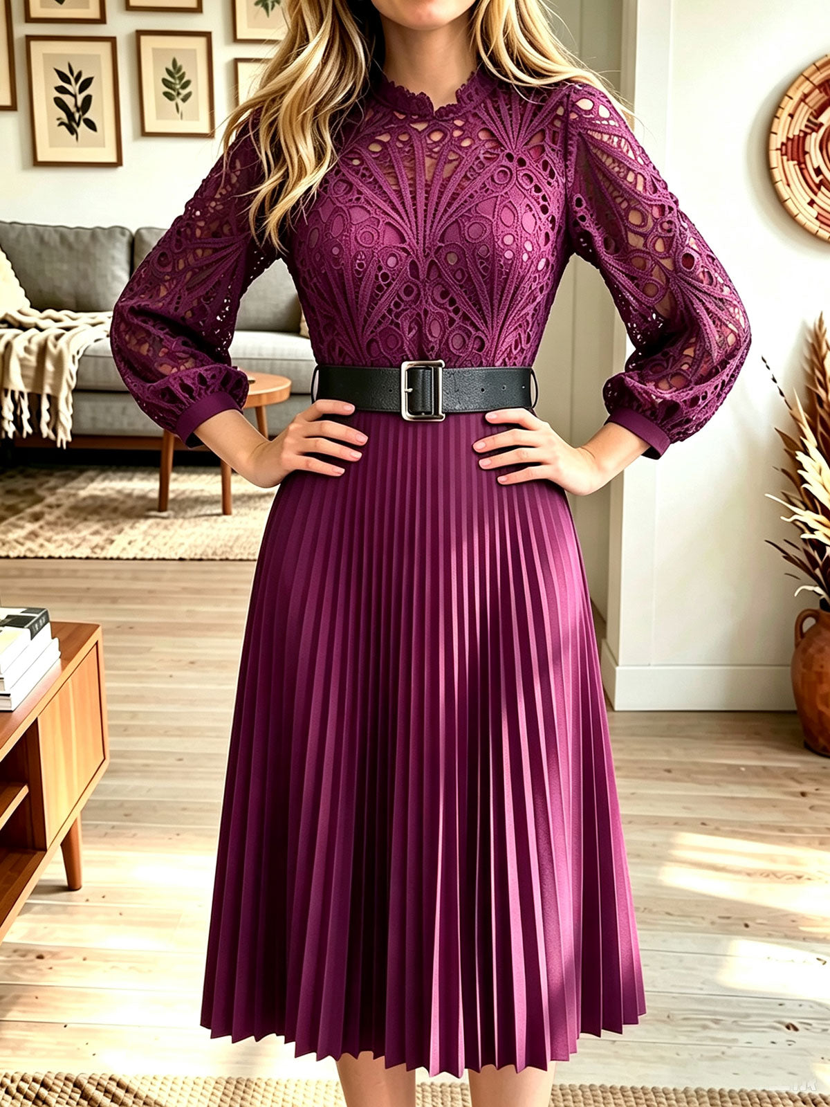 Women Lace Long‑Sleeve Belted Pleated Midi Dress
