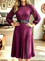 Women Lace Long‑Sleeve Belted Pleated Midi Dress