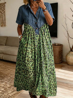 Retro Leopard Pattern Art Print Casual Stylish Lapel Denim Patchwork Dress