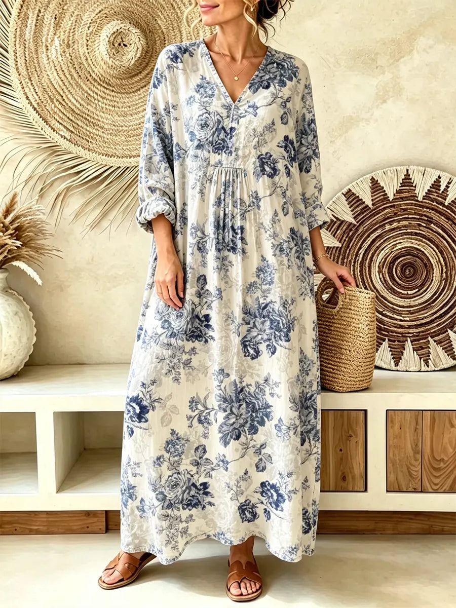 Retro Floral Pattern Art Print Casual V-neck Cotton Linen Maxi Dress