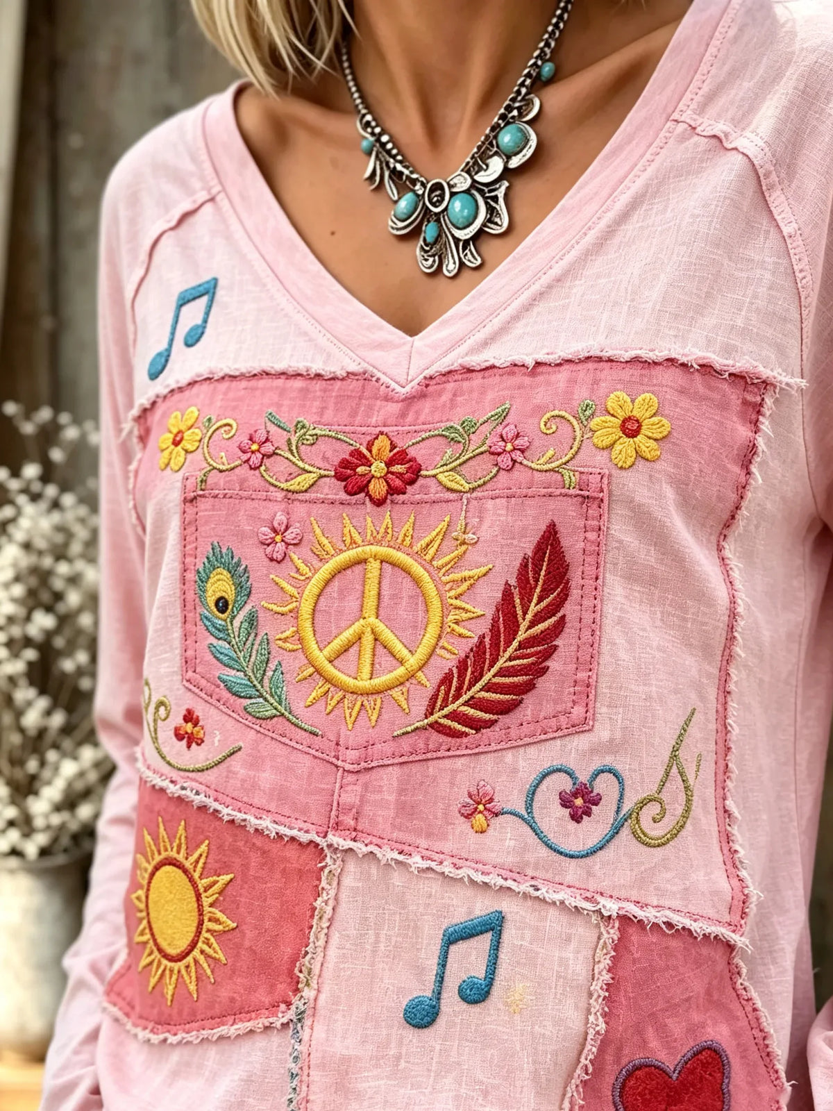 Women Hippie Patch Totem Art Print Long Sleeve Top