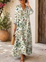 Retro Floral Butterfly Pattern Art Print Casual V-neck Long Sleeve Cotton Linen Maxi Dress