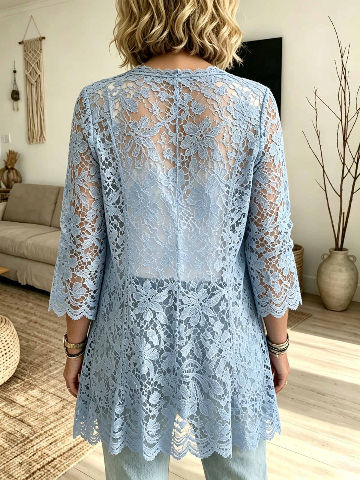 Women's Sheer Floral Lace Denim Cardigan