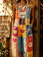 Women's Patchwork Heart Daisy Print One Shoulder Overall Jumpsuit