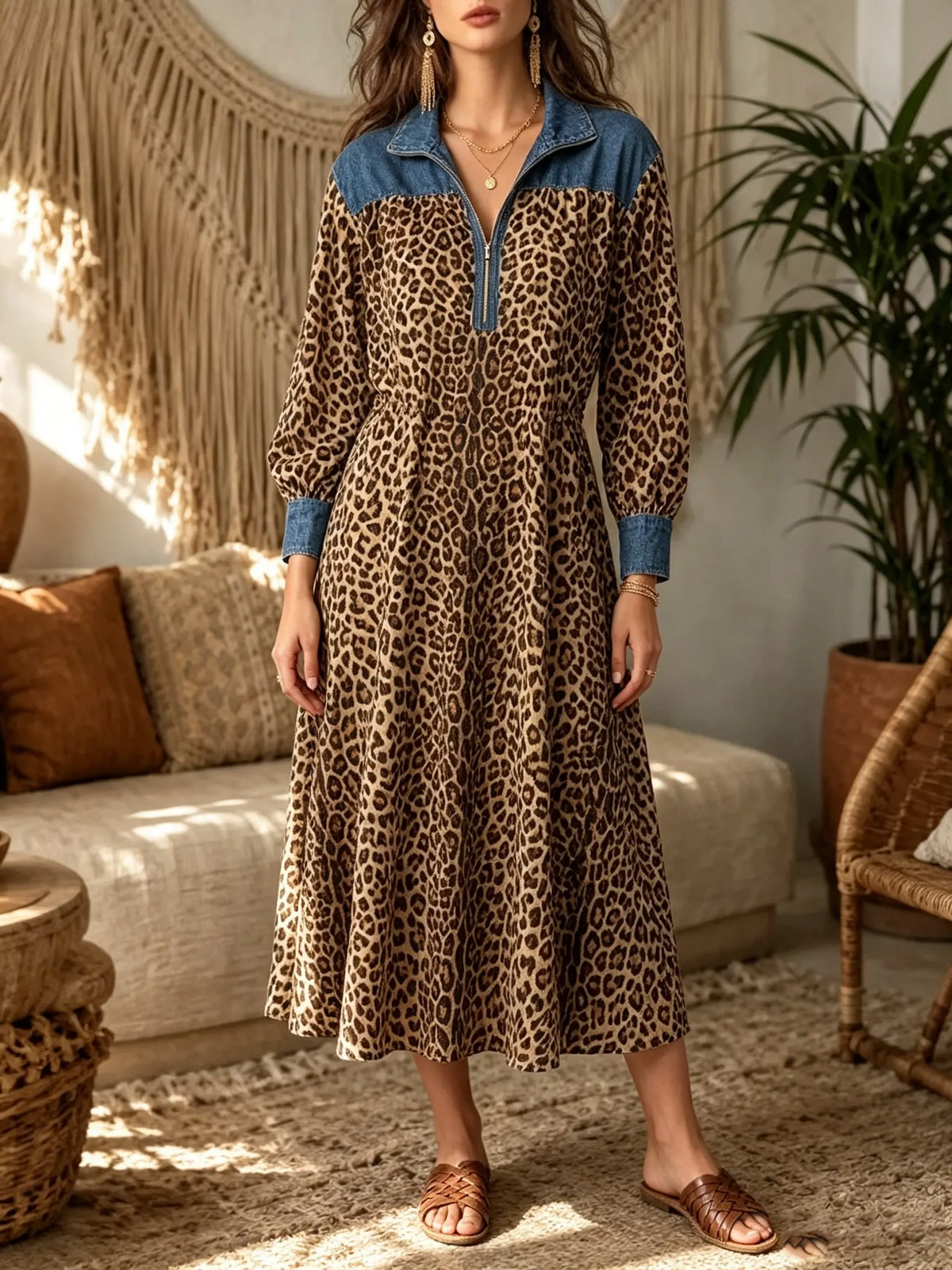 Women's Denim Leopard Maxi Dress