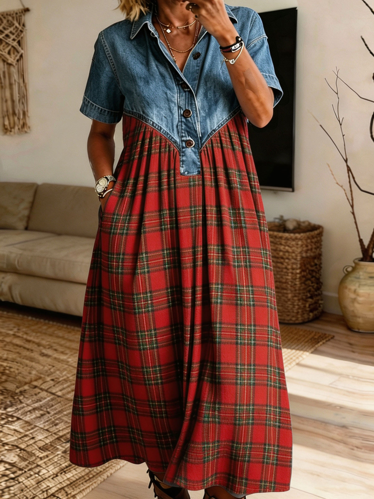 Women Denim Red Plaid Midi Dress Collared Short Sleeve Partial Button Loose Dress With Pockets