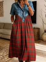 Women Denim Red Plaid Midi Dress Collared Short Sleeve Partial Button Loose Dress With Pockets