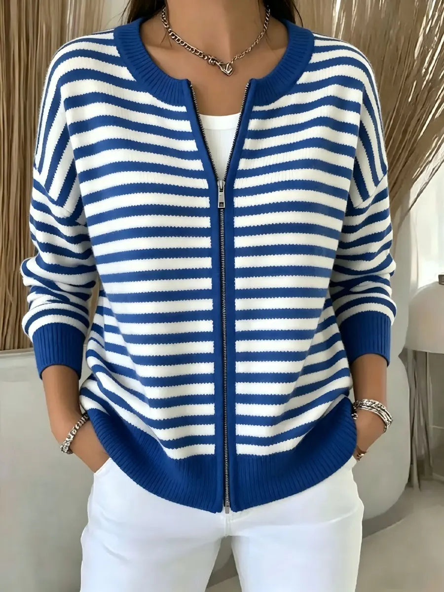 Classic Stripe Pattern Zip Long Sleeve Casual Stylish Knitted Cardigan Coat
