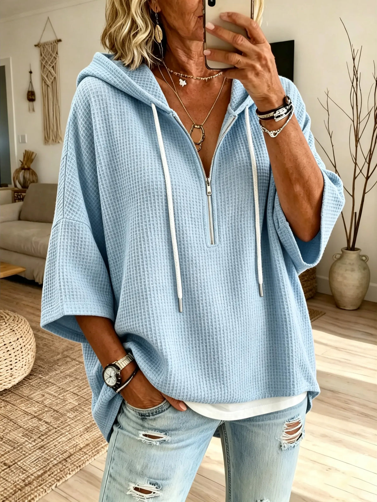 Women's Solid Waffle Knit Half Zip Hooded Short Sleeve Top