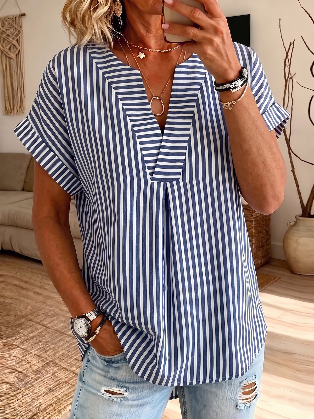 Women Blue White Stripe V Neck Blouse Short Cuffed Sleeve Casual Loose Top