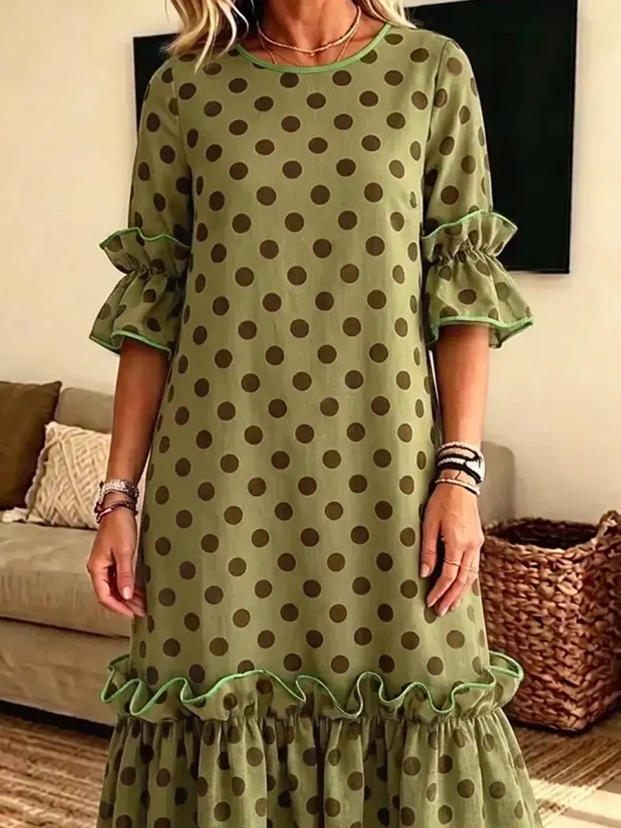 Retro Polka Dot Pattern Art Print Casual Ruffle Stylish Cotton Linen Dress