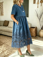 Women's Crochet Hem Short Sleeve Denim Dress