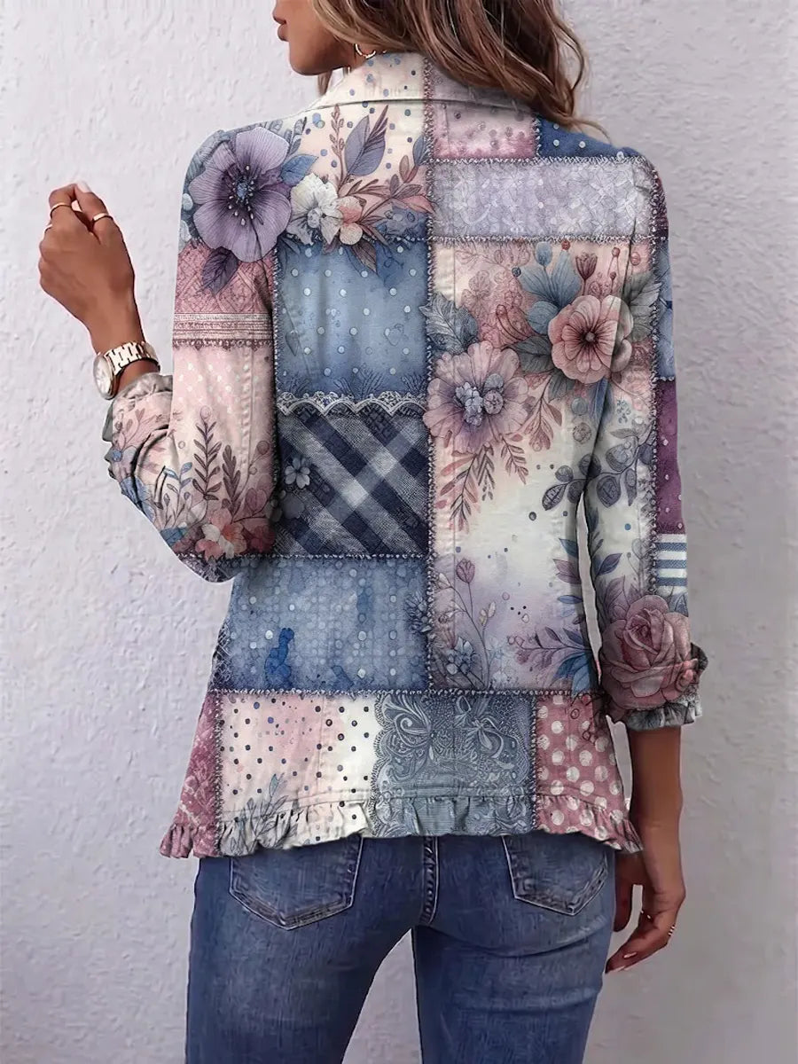 Retro Floral Pattern Art Print Ruffle Casual Stylish Cotton Lapel Coat