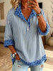 Women’s Stripe Leopard Contrast Collar Half Button 3/4 Sleeve Blouse