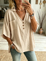 Women Solid Basic Pocket Henley Linen Short Sleeve Shirt