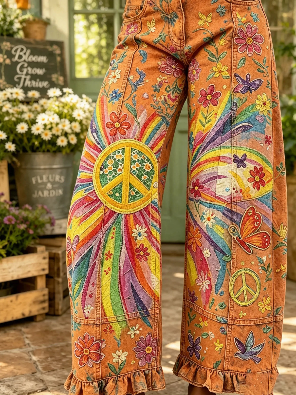 Women's Rainbow Peace Sign Butterfly Floral Tie Dye Print Ruffle Hem Wide Leg Cropped Jeans