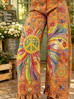 Women's Rainbow Peace Sign Butterfly Floral Tie Dye Print Ruffle Hem Wide Leg Cropped Jeans