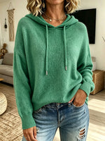 Women Solid Color Drawstring Hooded Knit Pullover Sweater