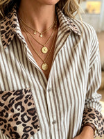Women's Leopard Pocket Striped Button-Down Shirt