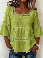 Retro Elegant Lace Floral Hollow Square Collar Casual Stylish Cotton Shirt