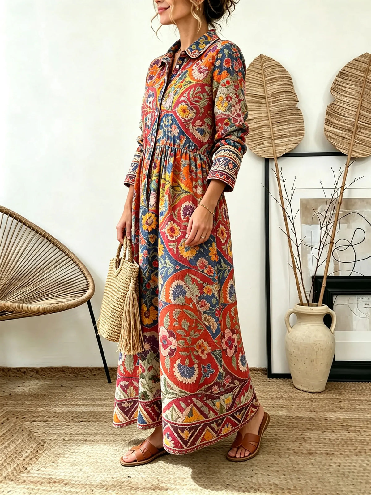 Women's Ethnic Floral Patchwork Print Collared Long Sleeve Maxi Dress